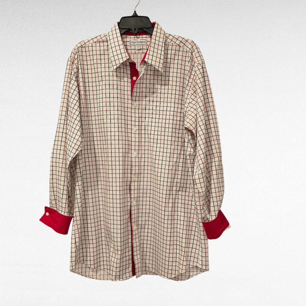 Paul Fredrick Men's Red and White Checkered Shirt Slim Fit Size 17.5 - 36